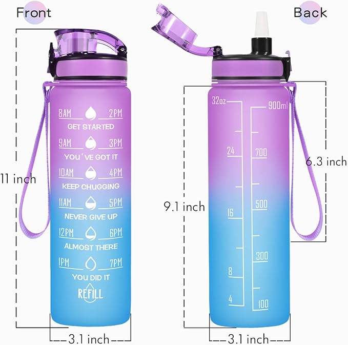 Enerbone Water Bottle, Leakproof BPA & Toxic Free, Motivational Water Bottle with Times to Drink and Straw, Fitness Sports Water Bottle with Strap for Office, Gym, Outdoor Sports