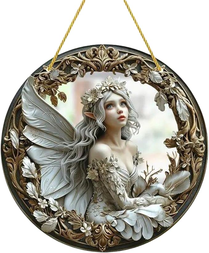 Flower Fairy Garden Decorations Angel Wing Christmas Halloween Deco Statue Art Elf Sculpture Hanging Craft for Outdoor Yard Courtyard Lawn Patio Window Acrylic Ornament Home Gift (D,L: 8*8 IN)
