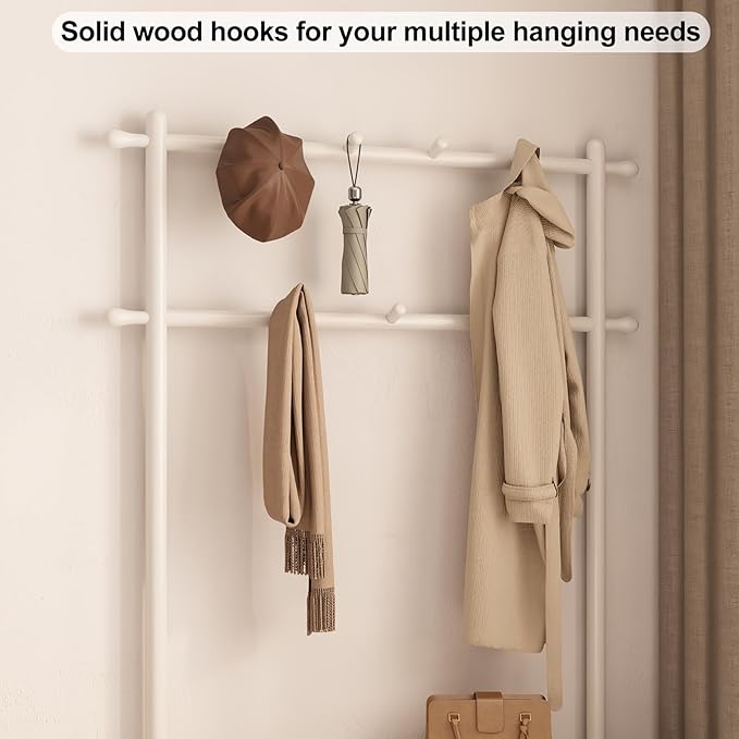 Coat Rack with Shoe Storage, Wooden Hall Tree with Bench, 11 Hooks and 2-Tier Storage Shelves, 3-in-1, Entryway Bench with Coat Rack (39.3"-Deep White)