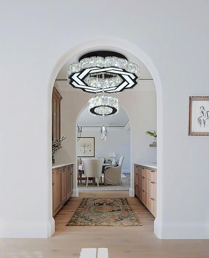 Flashing God Small Crystal Chandeliers Dia 12" Black Chandelier Flush Mount Ceiling Light for Bedroom Living Room Dining Room Hallway Dimmable 3 Rings LED Celing Lighting Fixtures