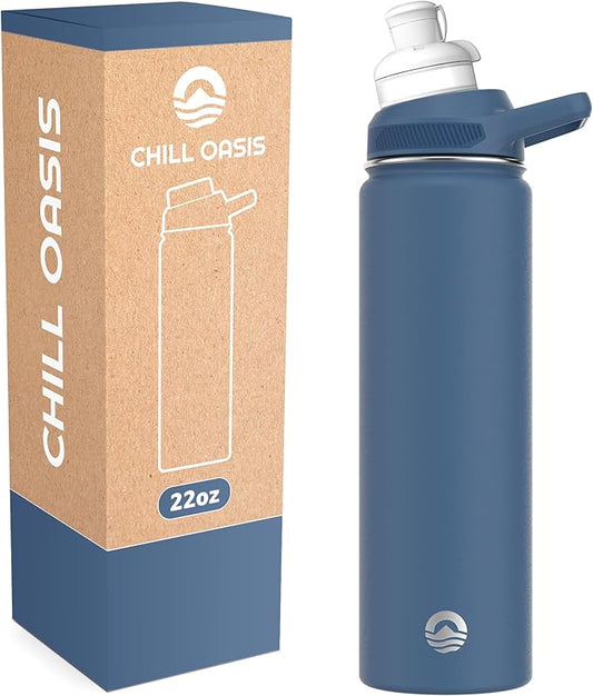 Chill Oasis Water Bottle | Compatible With Popular Flavor Cartridges | BPA Free, Leak Proof, Double-Walled Vacuum Insulated Stainless Steel, and Dishwasher Safe | Cold for 24 Hours (Navy, 22oz)