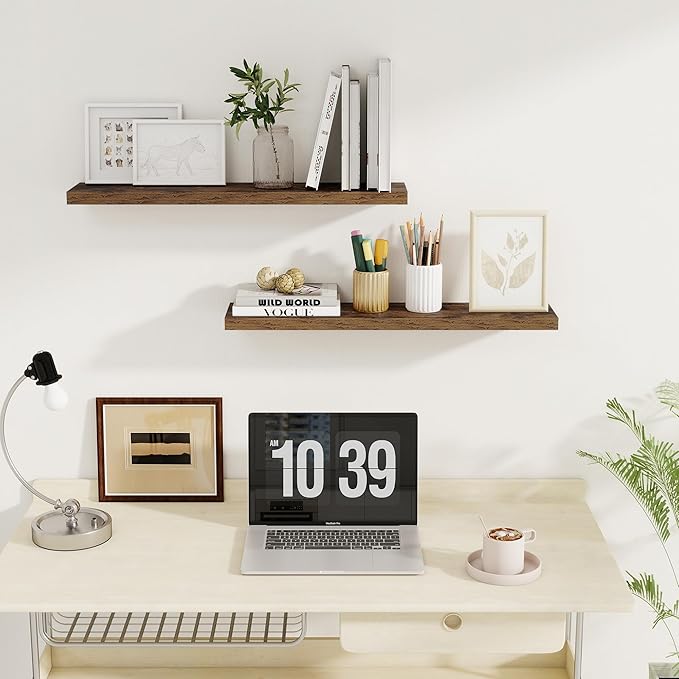 Fun Memories Floating Shelves for Wall, 30" Rustic Wood Deep Wall Mounted Shelves with Invisible Brackets for Decor & Storage, Floating Shelf for Living Room, Bathroom (Rustic Brown, Set of 2)