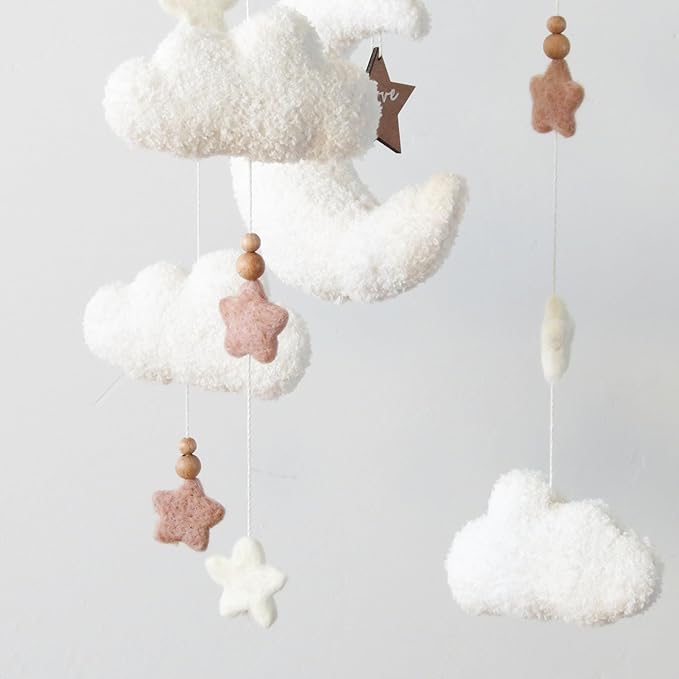 Cloud Moon Crib Mobile Cloud Baby Mobile for Crib Neutral Boho Clouds and Stars Moon Mobile Boucle Mobile, coffee 3