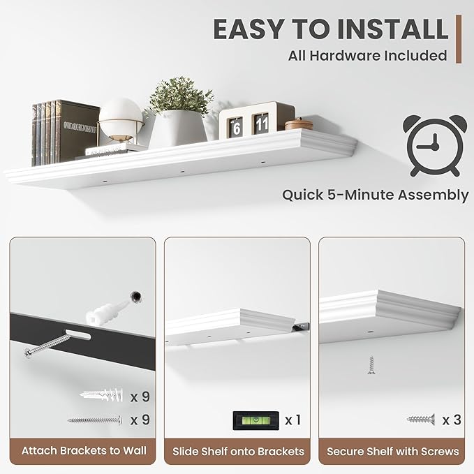 Floating Shelves for Wall, 48 Inch Long Wall Mounted White Hanging Shelf for Kitchen, Living Room, Office, Bedroom, Bathroom, Retro Vintage Wood Bookshelf for House Decor