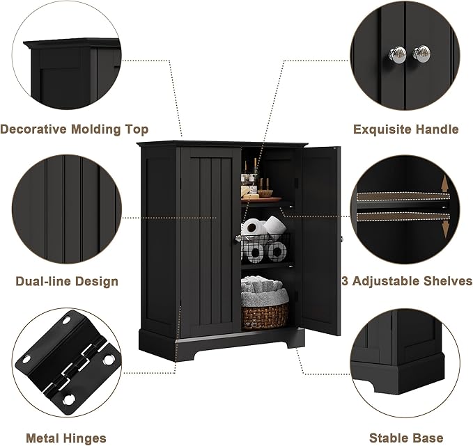 ChooChoo Bathroom Floor Cabinet, Modern Bathroom Storage Cabinet with 2 Doors and Adjustable Shelves, Freestanding Cupboard for Living Room, Black