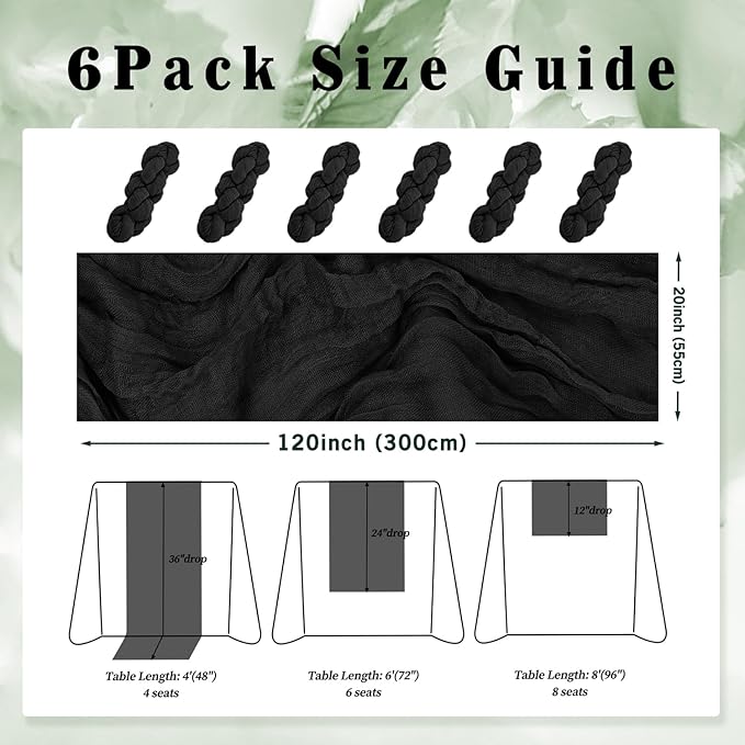 10FT 6 Pack Black Cheesecloth Table Runner 20 x 120 Inch Long Boho Fabric Rustic Cheese Cloth Table Runner for Wedding Bridal Shower Baby Shower Gauze Sheer Birthday Party Table Decorations