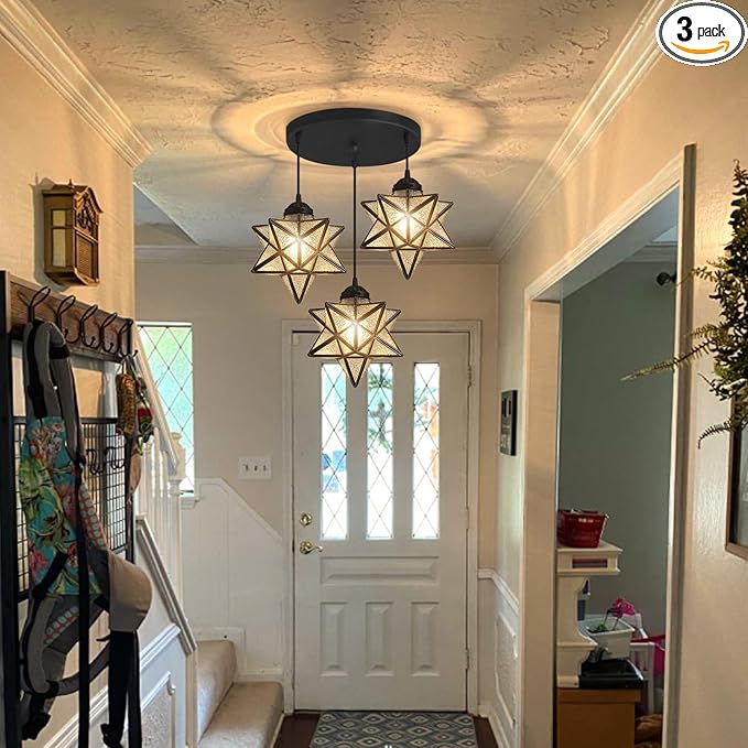 Farmhouse Glam Chandelier with Glass Star Pendants Light Fixture Elegant Ceiling Hanging Lights Included Warm Light Bulbs Black