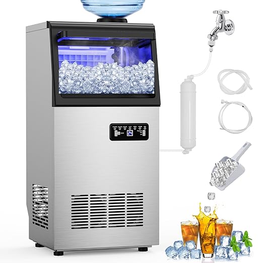 Commercial Ice Maker Machine 130 LBS/24H, 45 Ice Trays Freestanding & Undercounter Ice Machine Stainless Steel with 20 LBS Ice Storage Capacity, Ice Maker with Water Line and Filter, Dual Water Inlet