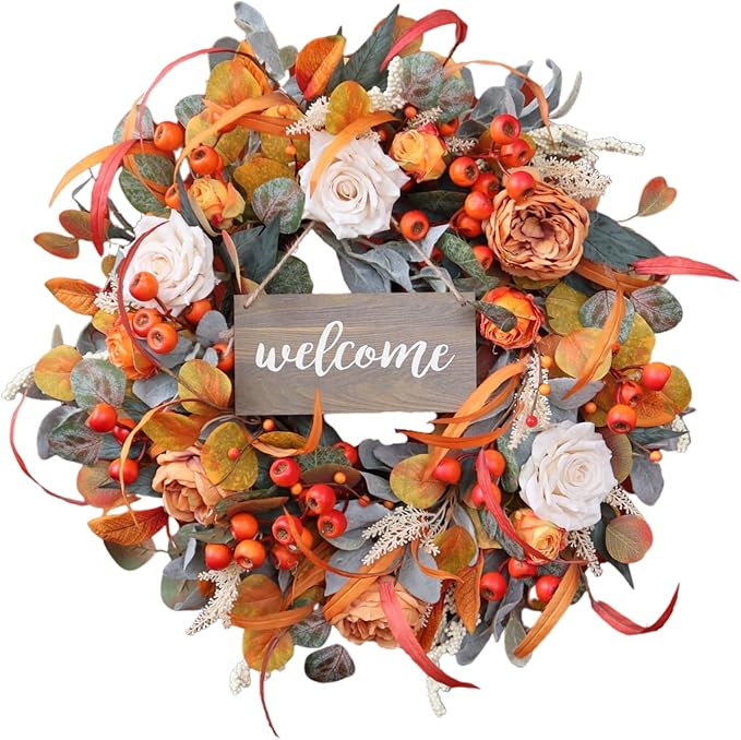 Fall Wreath for Front Door, 24 Inch Autumn Wreath with lamb's Ear Leaves, Roses, Berries & Wooden Sign,Fall Decorations for Home, Artificial Flowers Harvest and Thanksgiving Indoor & Outdoor