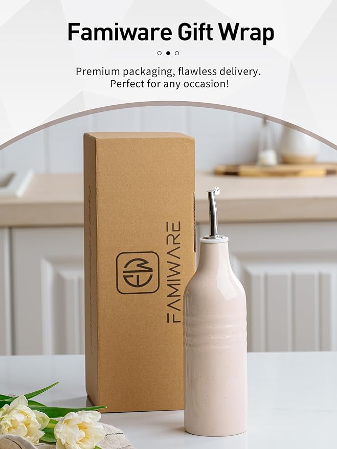 famiware Jupiter 16oz Ceramic Olive Oil Dispenser Bottle, Olive Oil and Vinegar Dispenser Bottle Set of 2 with Stainless Steel Pourers, Suitable for Storage Vinegar, Liquids, Light Pink & Light Green