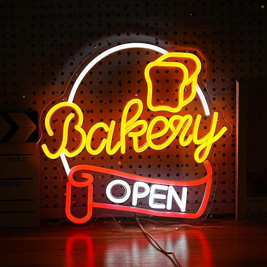Dimmable Bakery Open Neon Sign USB Open Light Up Sign for Wall Decor Brighter LED Bakery Open Neon Light for Bakery Cake Shop Dessert House Business Decor(12.8 * 12.8 In)