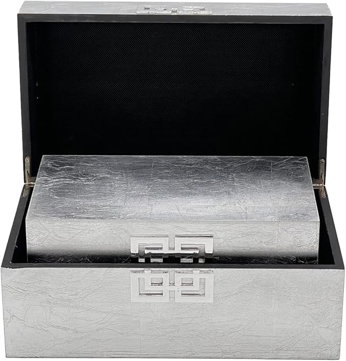 Galt International Storage Box Set Decorative Storage Box w/Hinged Lid Classic Design Wood Decor Boxes with Geometric Clasp Storage for Bedroom & Home - Set of 2 (Silver)