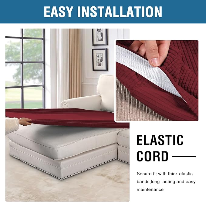 H.VERSAILTEX Super Stretch Individual Chaise Cover Sectional Couch Covers for L Shaped Sofa Both Left/Right Featuring Thick Jacquard Textured Twill Fabric (1 Piece Chaise Cover, Burgundy Red)