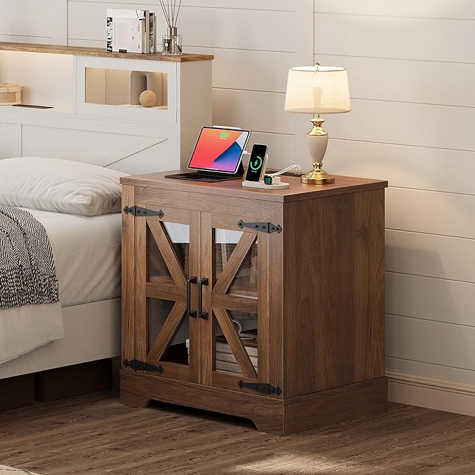Farmhouse Side Table - 24" Large Night Stand Set 2, Wood Nightstand with Charging Station, Bedside Table with Adjustable Shelf, End Tables Living Room, Rustic Bed Side Tables Bedroom, Walnut