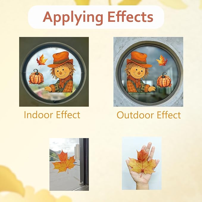 DC-BEAUTIFUL 153 Pcs Fall Window Clings, 12 Sheets Double Sided Autumn Pumpkin Scarecrow Maple Leaf Glass Stickers, Reusable Static Thanksgiving Window Decals Party Decors for Home Office School Shop