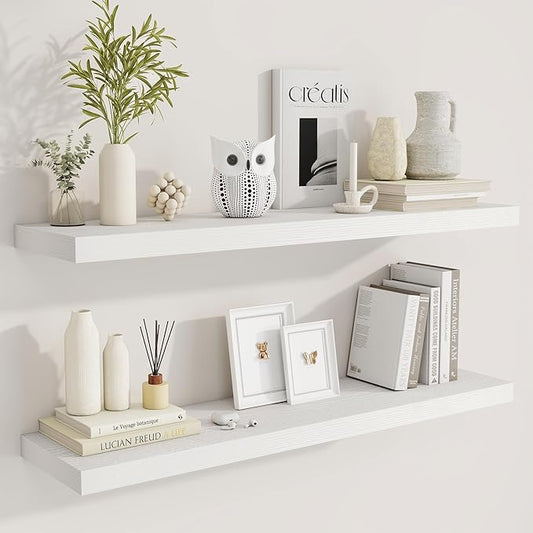 Fun Memories 40" Rustic Wood Floating Shelves with Invisible Brackets for Storage & Decor, Deep Wall Mounted Shelves for Bathroom, Kitchen, Living Room (White, Set of 2)