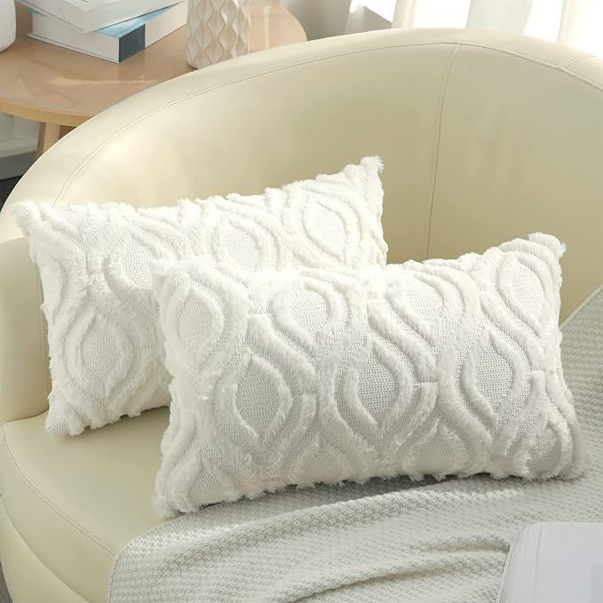 decorUhome Throw Pillow Covers 12x20 Inch Set of 2, Soft Plush Decorative Faux Fur Cream Beige Solid Couch Pillow Covers, Accent Farmhouse Neutral Lumbar Euro Pillow Cases for Sofa Bed Living Room