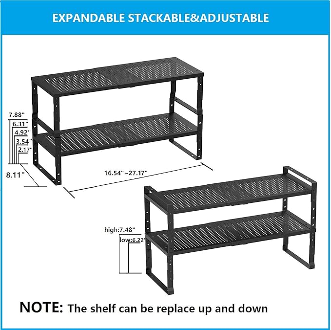 Expandable,Adjustable & Stackable Spice Rack, Cabinet Kitchen Countertop Shelf Organizer,Metal Pantry Storage Shelves - Space-Saving Storage Solution(2Packs/Black/Medium)
