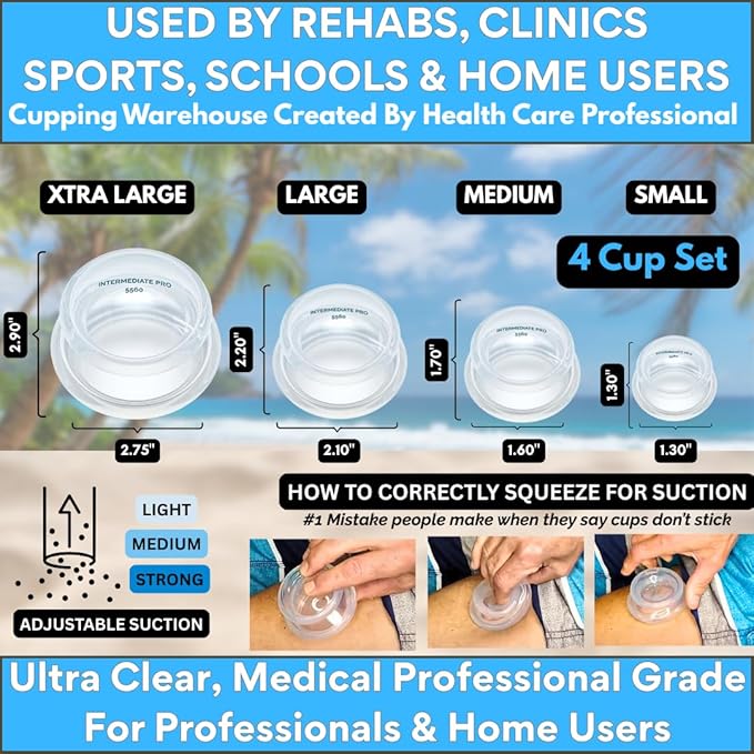 Cupping Warehouse Supreme 4 Intermediate Pro 5560 Beginner Silicone Cupping Set – 4 Cups for Body Sculpting, Massage Therapy, Pain Relief, Cellulite Reduction (S1.3, M1.6, L2.1, XL2.75)