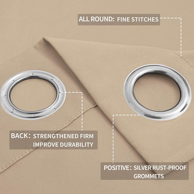 Easy-Going Blackout Curtains for Bedroom, Solid Thermal Insulated Grommet and Noise Reduction Window Drapes, Room Darkening Curtains for Living Room, 2 Panels (52x84 in,Beige)