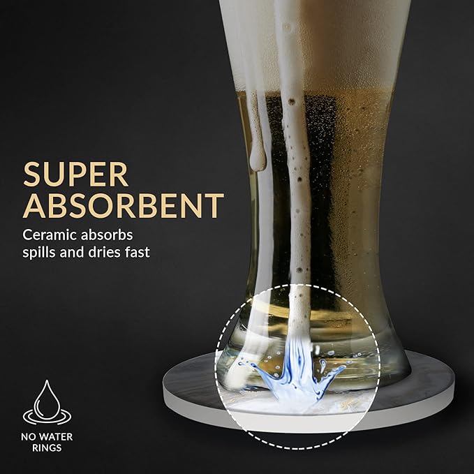 Emerson Coasters for Drinks Absorbent – Natural Stone Drink Coasters Set with Holder, Coasters for Coffee Table, Wooden Tabletop Protection Marble Style – 100% Heavy Duty Set of 6 (Sky)