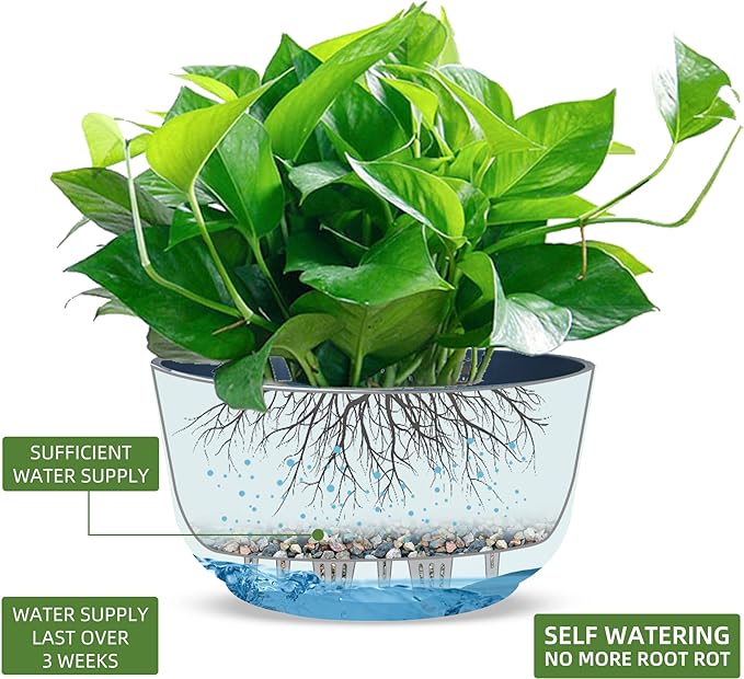 Dexceder 11.2 Inch Self Watering Hanging Planters Indoor Outdoor, Thickened Hanging Basket Flower Plant Pot (2 Pack, Deep Blue)