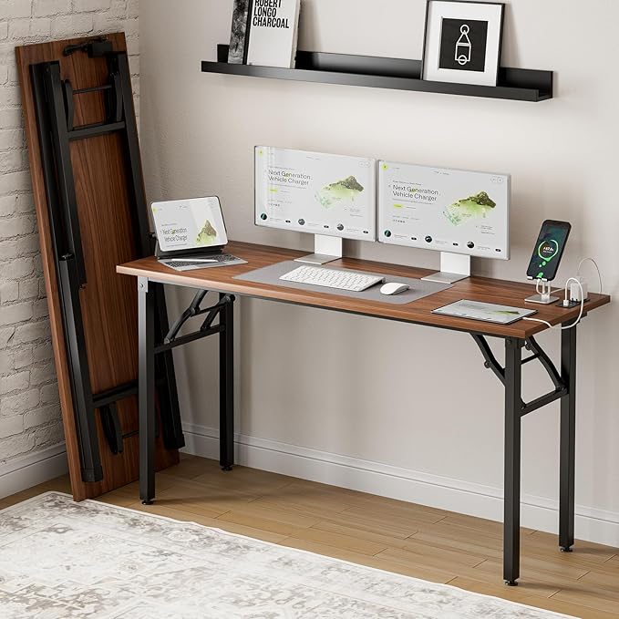 Frylr Small Folding Computer Desk – 55.1 Inch Portable Table for Craft and Study, Lightweight Desk for Small Spaces, Foldable Laptop Table Built-in AC/USB Outlets for Convenience, Dark Walnut