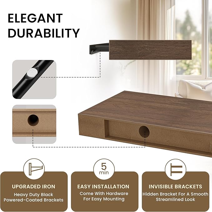 Floating Shelves for Wall, 24" W x 6.7" D x 1.5" H, Wooden Wall Mounted Display Shelves with Invisible Brackets for Living Room, Bedroom, Bathroom, Kitchen Decor and Storage, Set of 2, Walnut