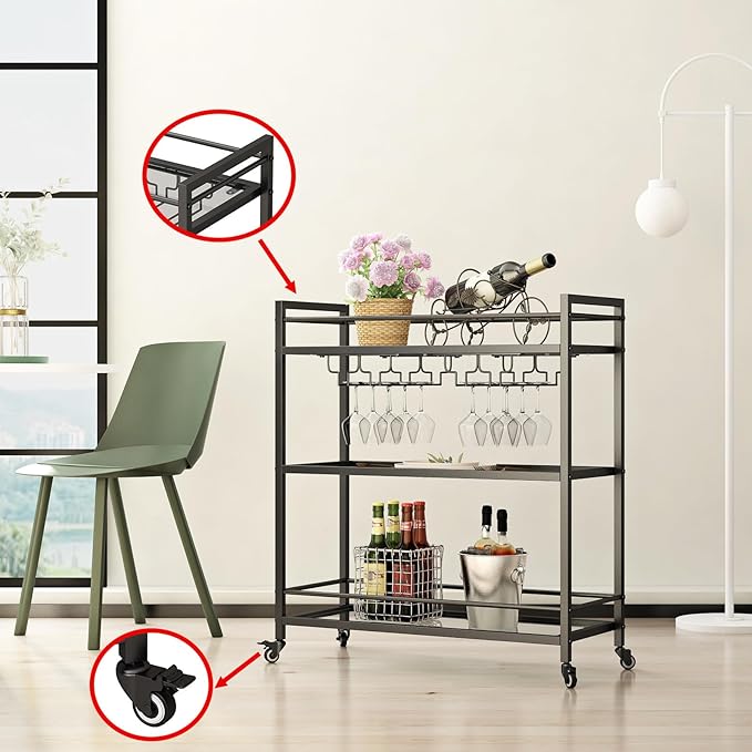 Glass Black Bar Carts for Home with Hanging Wine Rack - Home Bar Serving Cart with 3 Mirrored Shelves, Kitchen Bar Carts, Wine Cart for Entertaining, Club Party.