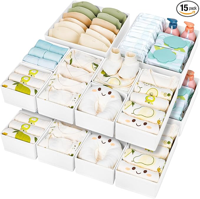 DIMJ Drawer Organizer Clothes 15 Pack - Foldable Baby Organizers and Storage & Dresser Organizer for Bedroom, Closet - Nursery Organization Dresser Dividers for underwear, Sock,Bra, Belt, Tie, White