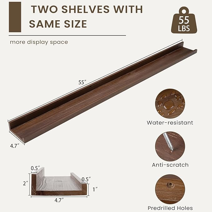 Floating Shelves for Wall, Picture Ledge Shelf 55 Inch Solid Wood Set of 2, Rustic Wall Shelves with Lip, Kids Bookshelf, Photo & Picture Live Edge Floating Shelves for Bedroom, Living Room, Kitchen