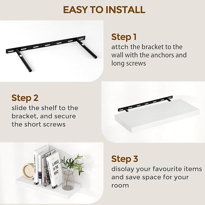 Fun Memories White Floating Shelves 16 Inch Long, 9 Inch Deep Wall Shelf for Bathroom, 16 x 9 Floating Shelf for Living Room, Bedroom, Kitchen, Rustic Wood Shelves for Wall, Set of 2