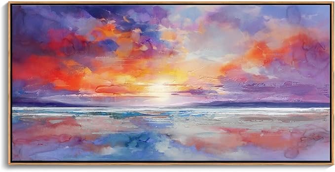 DUNHUANG ART Vibrant Ocean Sunset Canvas Wall Art - Beach Decor & Sunrise Poster - Red Scenery Poster for Living Room & Bathroom - 24"x48"