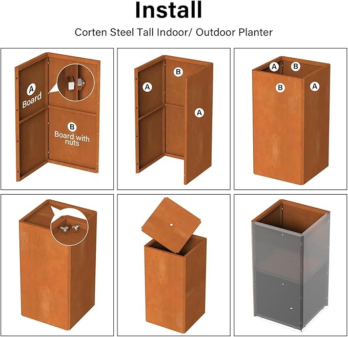 Cor Ten Steel Planter 26 Inch Tall Planter with Drainage Holes, Rust-Resistant/Heavy-Duty Metal Planter Box for Garden, Patio, Porch & Yard (14x14x26in)