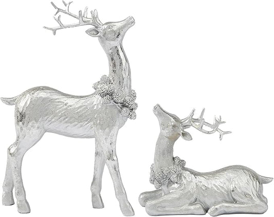 DN DECONATION Christmas Reindeer Figurines, Winter Deer Small Statues Decor, Silver Decorative Reindeer Sculptures, Resin Xmas Holiday Home Décor Accents for Office Living Room & Bedroom 2PCS
