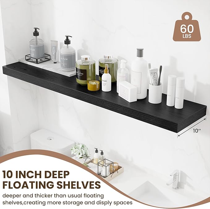 Fun Memories 55 Inch Fireplace Mentel Shelf, 10 Inch Deep Shelves for Display & Wall Storage, Rustic Wood Wall Shelf, Extra Long Floating Shelves for Living Room Laundry Room, Black, Set of 1