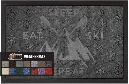 GORILLA GRIP 100% Waterproof All-Season WeatherMax Doormat, US Designed Natural Rubber, Stain and Fade Resistant, Low Profile Indoor Outdoor Door Mats, Easy Clean Patio Mat, 17x29, Graphite Skiing