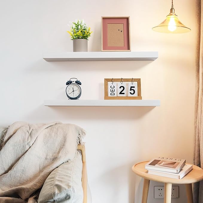 Fun Memories Handcrafted European Pine Floating Shelves - Natural Rustic Wooden Wall Shelf Set of 2-24 Inch Storage Shelf Display Shelf for Kitchen Bathroom Living Room Bedroom Farmhouse - White