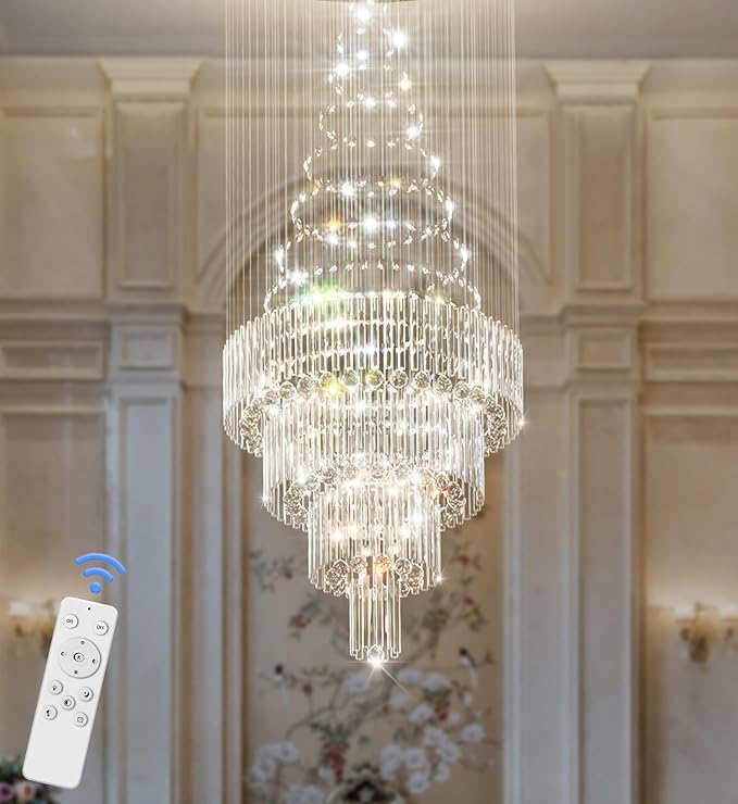 D32''X H100'' Large Crystal Chandelier Lighting, Modern LED Round Raindrop Flush Mount Ceiling Light Fixture for Hotel Staircase Hallway Modern Crystal Chandelier Suitable for Sloping Ceiling