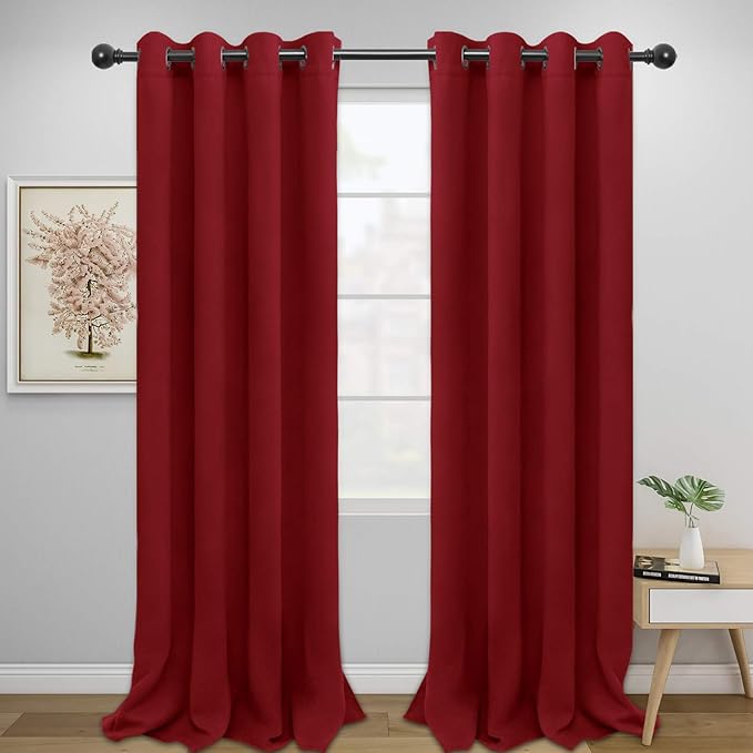 Easy-Going Blackout Curtains for Bedroom, Solid Thermal Insulated Grommet and Noise Reduction Window Drapes, Room Darkening Curtains for Living Room, 2 Panels (52x96 in,Christmas Red)