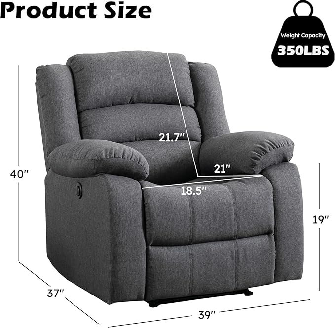 EBELLO Classic Power Recliner Chair, Oversized Electric Reclining Chair with Overstuffed Cushion and Back, Soft Fabric Adults Single Recliner Sofa for Living Room, Grey