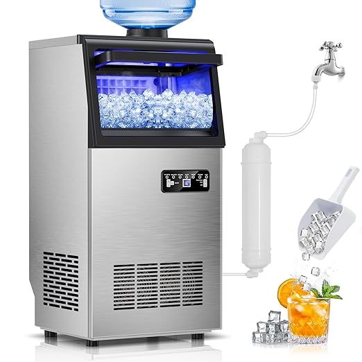 Commercial Ice Maker Machine 130Lbs/24H with 30Lbs Ice Capacity, 45Pcs Clear Ice Cubes Ready in 8-15Mins, Stainless Steel Under Counter Freestanding Large Ice Machine, 2 Water Inlet Modes