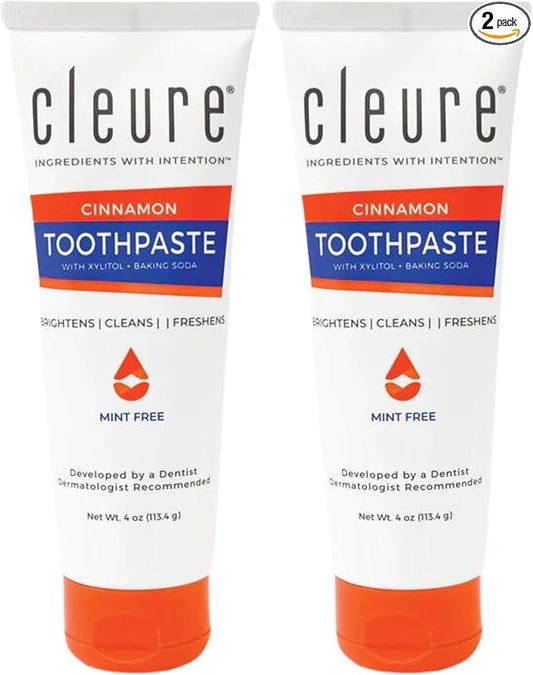 Cleure Cinnamon No Fluoride Toothpaste - SLS Free, Mint Free - with Xylitol for Fresh Breath & Helps Whiten - for Kids & Adults - Cinnamon Flavored (4oz Tube, Pack of 2)