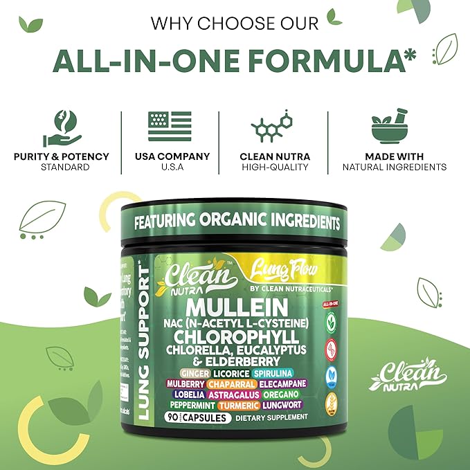 Clean Nutra Mullein NAC Supplement Spirulina Chlorella Ginger Licorice Mulberry Astragalus Root Oregano Turmeric with Chlorophyll Berries Detox Cleanse Respiratory Lung Health 90 Capsules