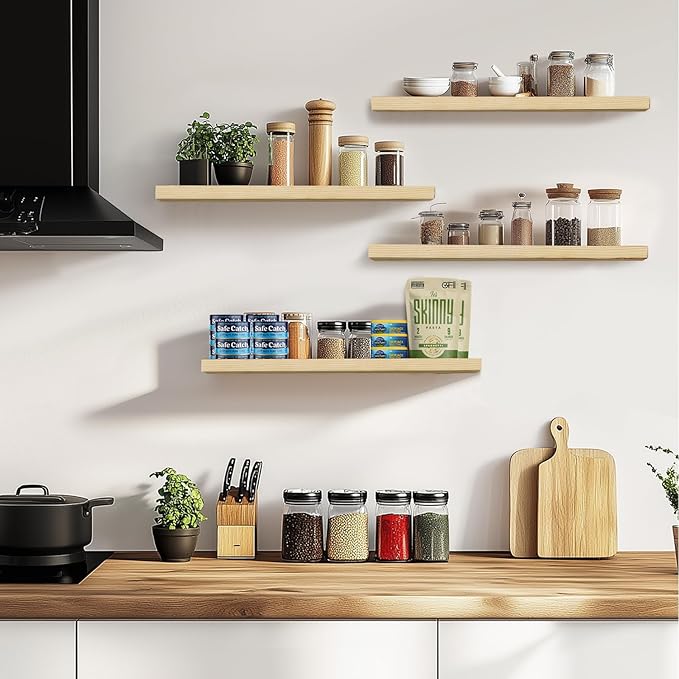 Floating Wall Shelves 4-Pack - Rustic Wood 16-inch Wooden Wall Shelves for Storage and Décor, Multi-Functional and Easy to Install for Living Room, Bedroom, and Kitchen