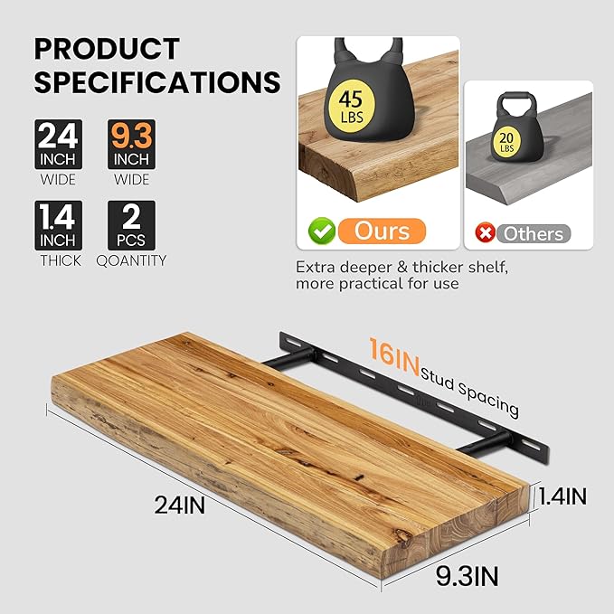 Floating Shelves for Wall, 24"x9.3" Rustic Solid Live-Edge Elm Wood Wall Shelves, Heavy-Duty Floating Shelves with Invisible Brackets, Set of 2 for Living Room, Bedroom, and Kitchen, Natural Finish