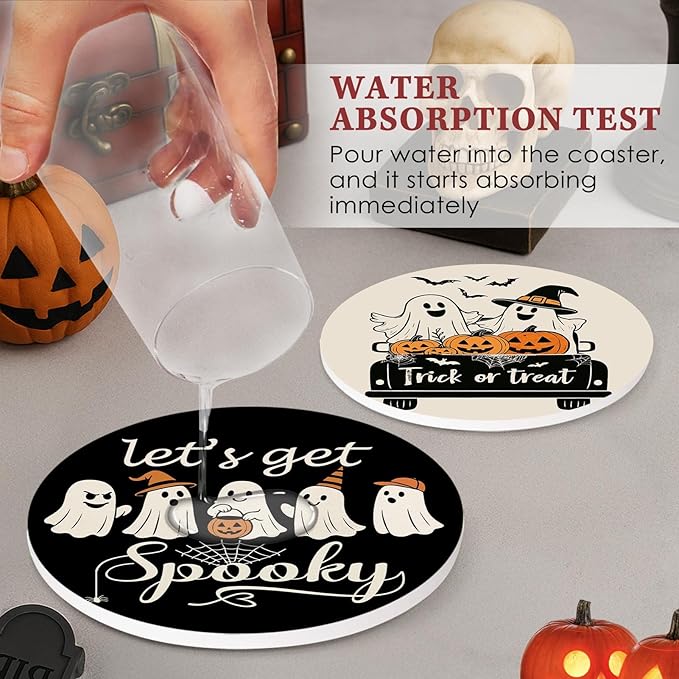 Coaster for Drinks Set of 6, Halloween Black and White Ghost Pumpkins Absorbent Round Ceramic Stone Mat, with Cork Base and Metal Holder, Gift for Housewarming Room Bar Decor