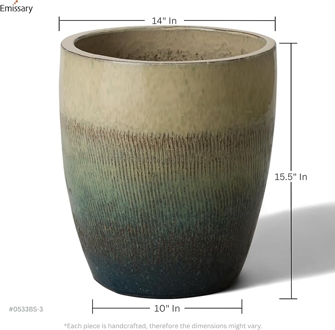 Emissary Bullet 14 in. Bayside Green Ceramic Round Planter (14 in. L x 14 in. W x 15.5 in. H) with Drainage Hole