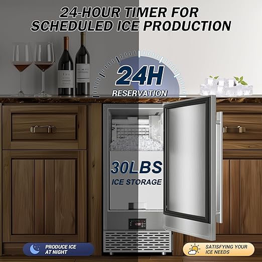 Commercial Under Counter Ice Maker Machine - 120 LBS/Day, Built in Installation, Auto-Clean,Reversible Door, Built 25LBS Ice Storage, Stainless Steel Ice Machine for Home & Business Outdoor Use