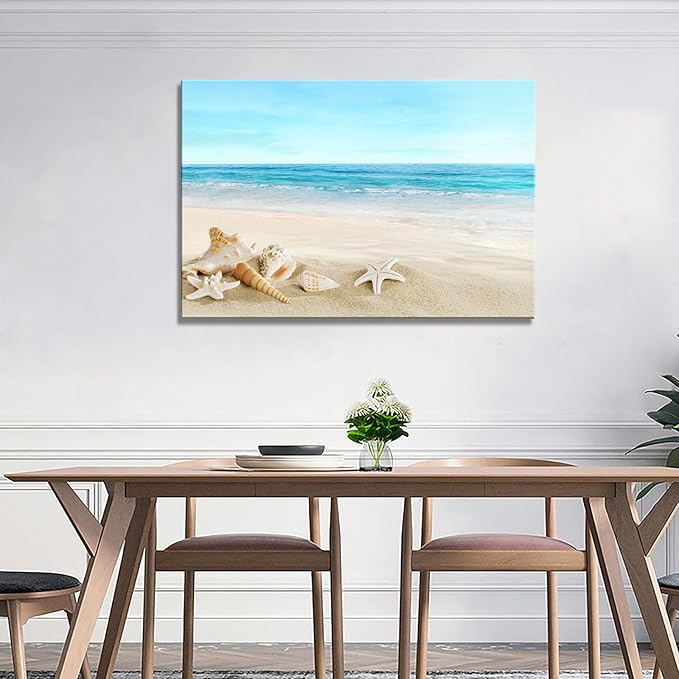 DZL Art S73981 Beach Picture Decor Ocean Painting Canvas Wall Art Prints of Starfish and Seashell on Sandy Seaside Ready to Hang for Living Room Bedroom Office Wall Decor Home Decoration
